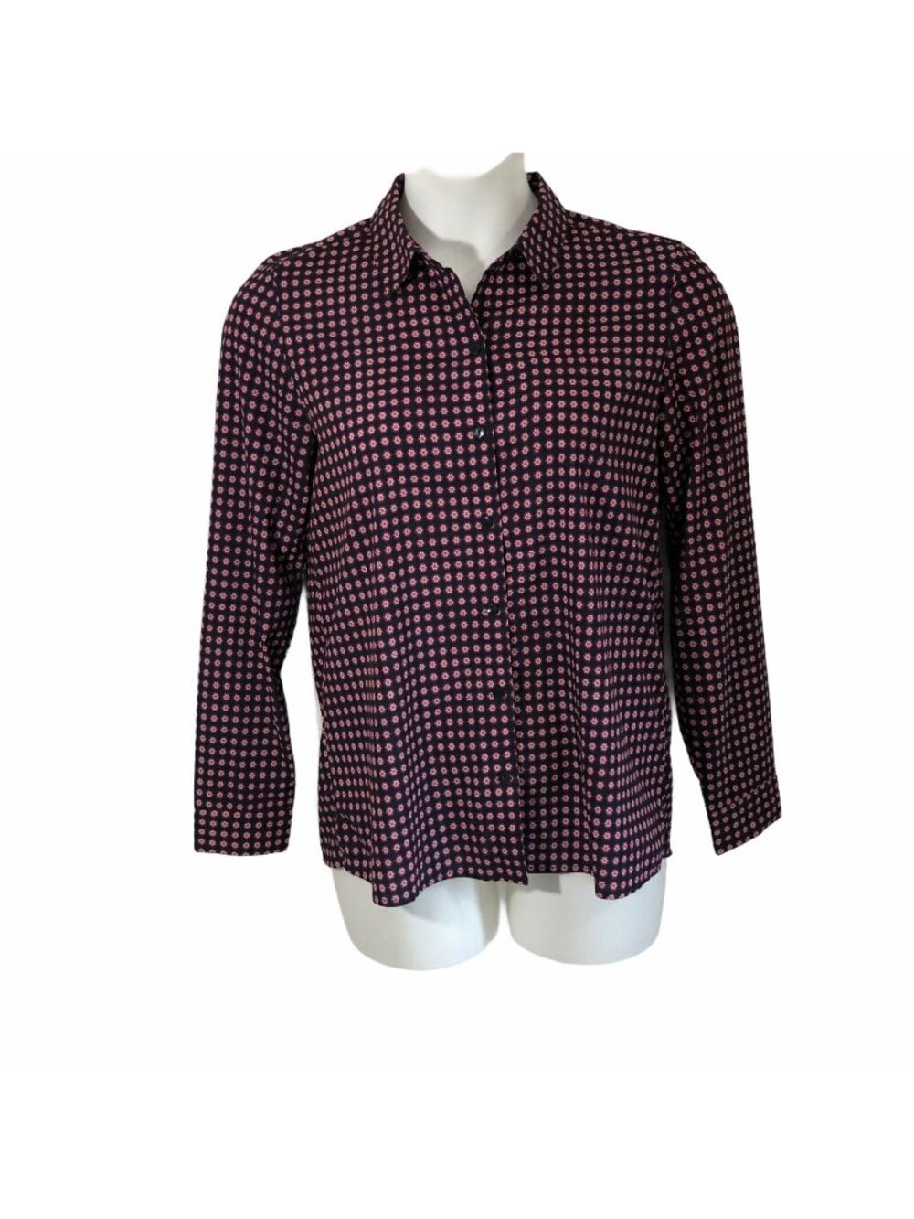 Tommy Hilfiger Shirt Top Womens 10 Floral Button Up Navy Blue Red Long Sleeve